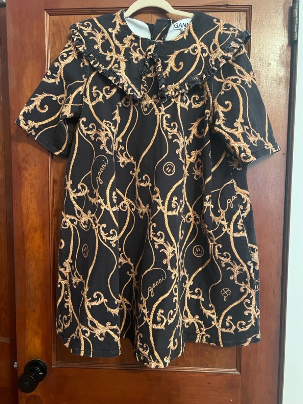 Ganni Black Dress with Gold Scroll Motif